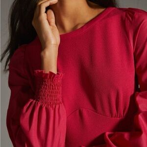 By Anthropologie Structured Long Sleeve Red Blouse with Smocked Cuffs